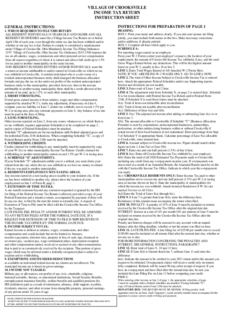 Fillable Online VILLAGE OF CROOKSVILLE TAX RETURN Fax Email Print pdfFiller