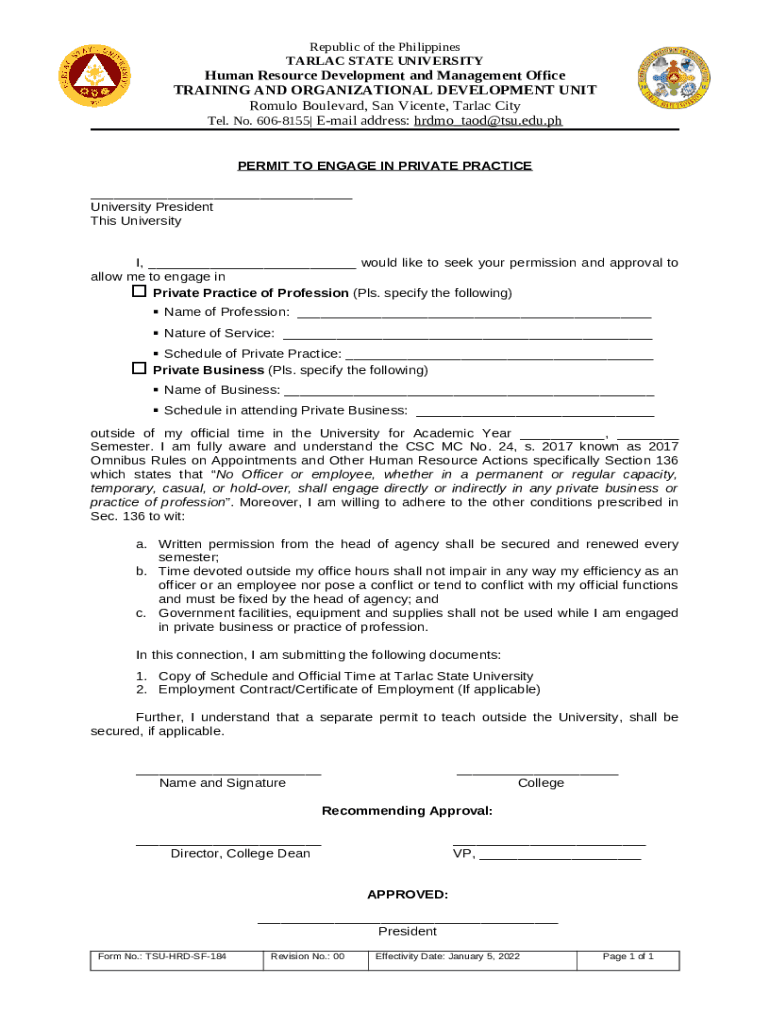 Application for Permission to Engage in Employment or tsu edu Doc
