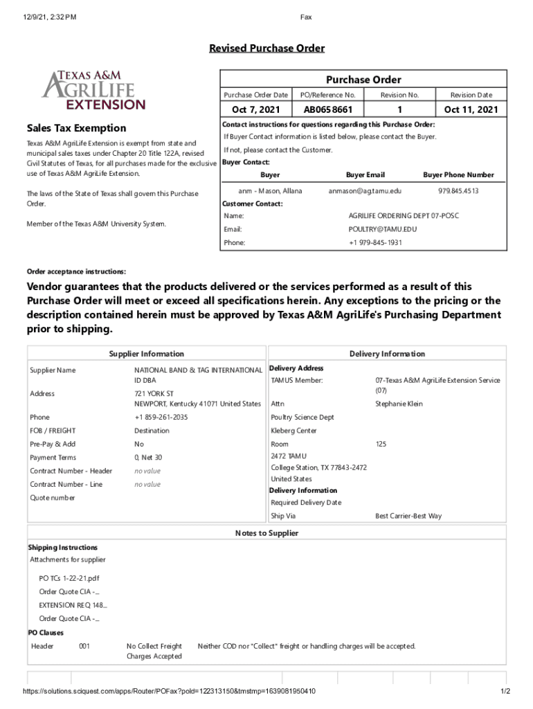 Fillable Online agrilifeas tamu Revised Purchase Order Sales Tax Exemption Purchase Order