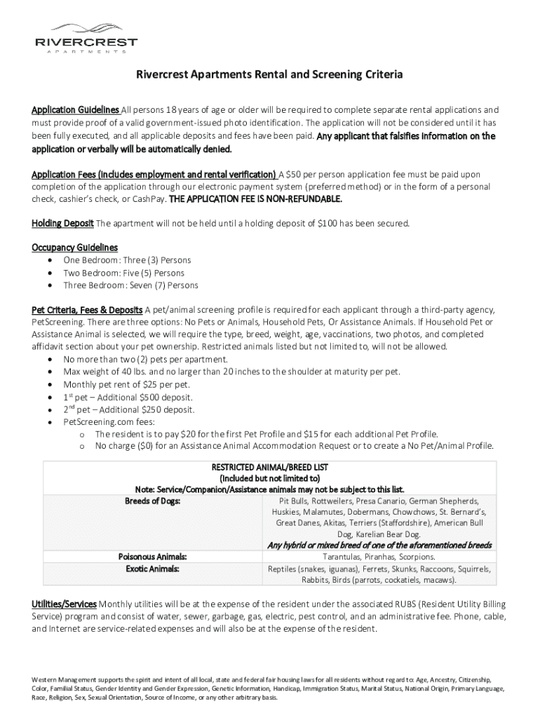 Fillable Online Rivercrest Apartments Rental and Screening Criteria Fax