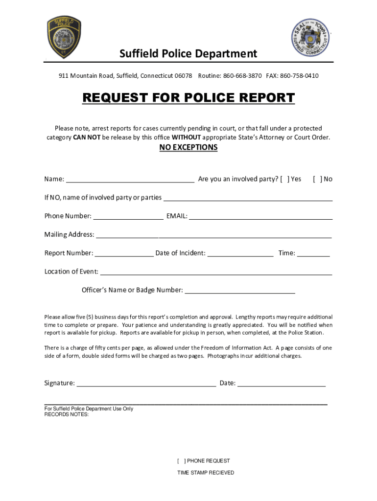 Fillable Online Suffield Police Department REQUEST FOR POLICE REPORT