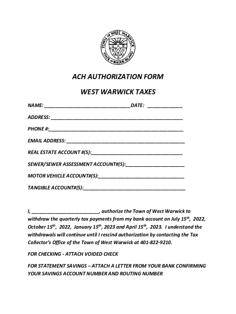 Fillable Online ACH AUTHORIZATION FORM WEST WARWICK TAXES Fax Email