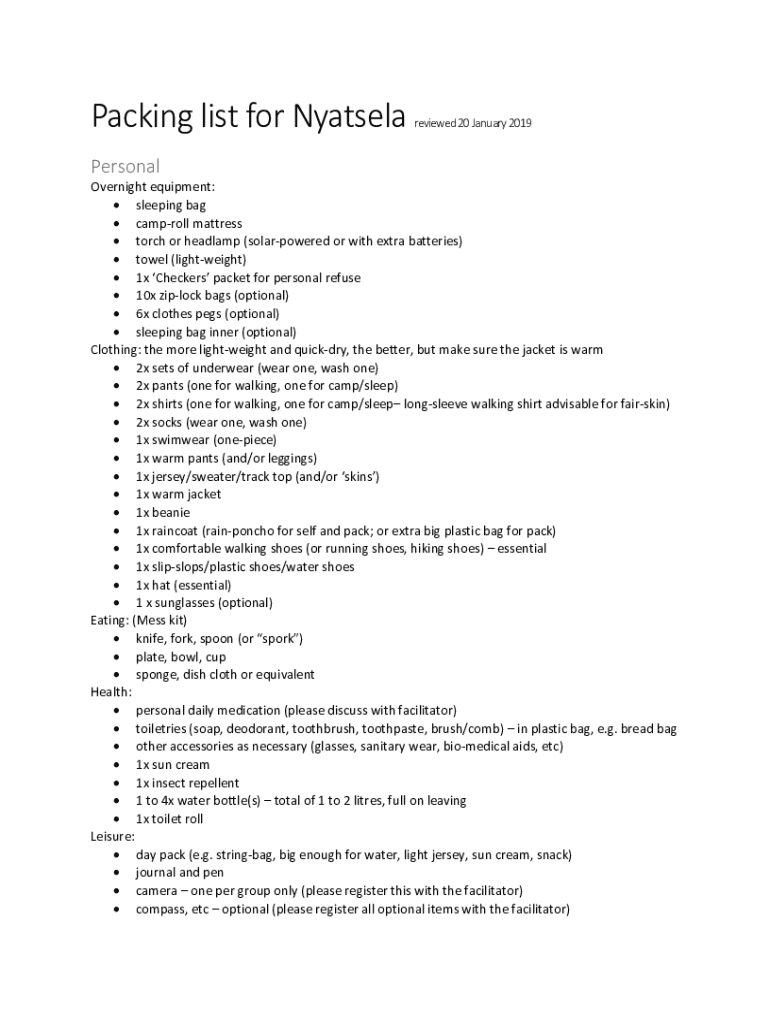 Fillable Online Overland Track Packing List Everything You Need to