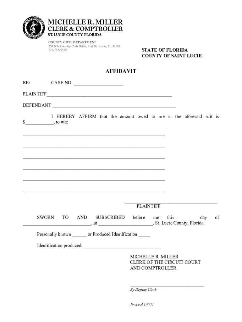 Fillable Online Affidavit of Amount Due St. Lucie County Clerk Fax Email Print pdfFiller