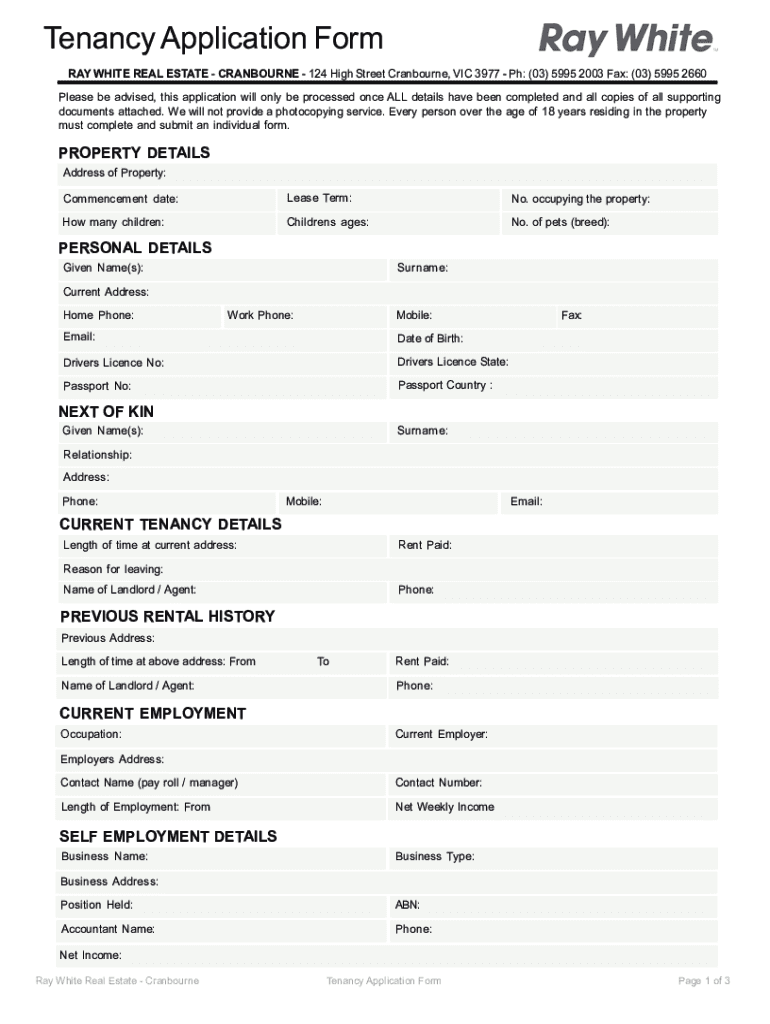 Fillable Online Ray White Cranbourne Tenancy Application Form Fax