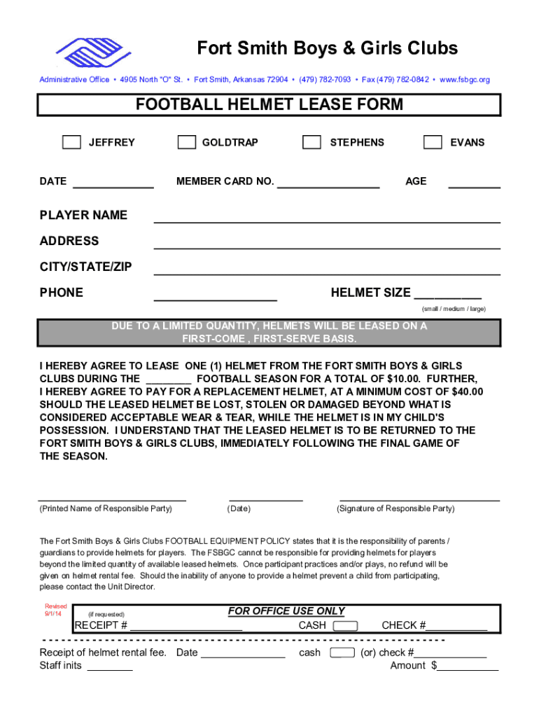 Fillable Online Tackle Football Helmet lease. tackle football helmet