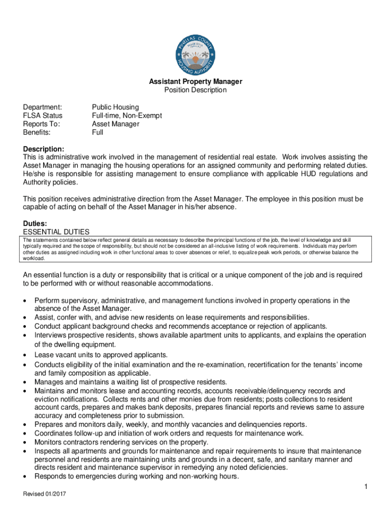 Fillable Online Assistant Property Manager Job Description Template Fax