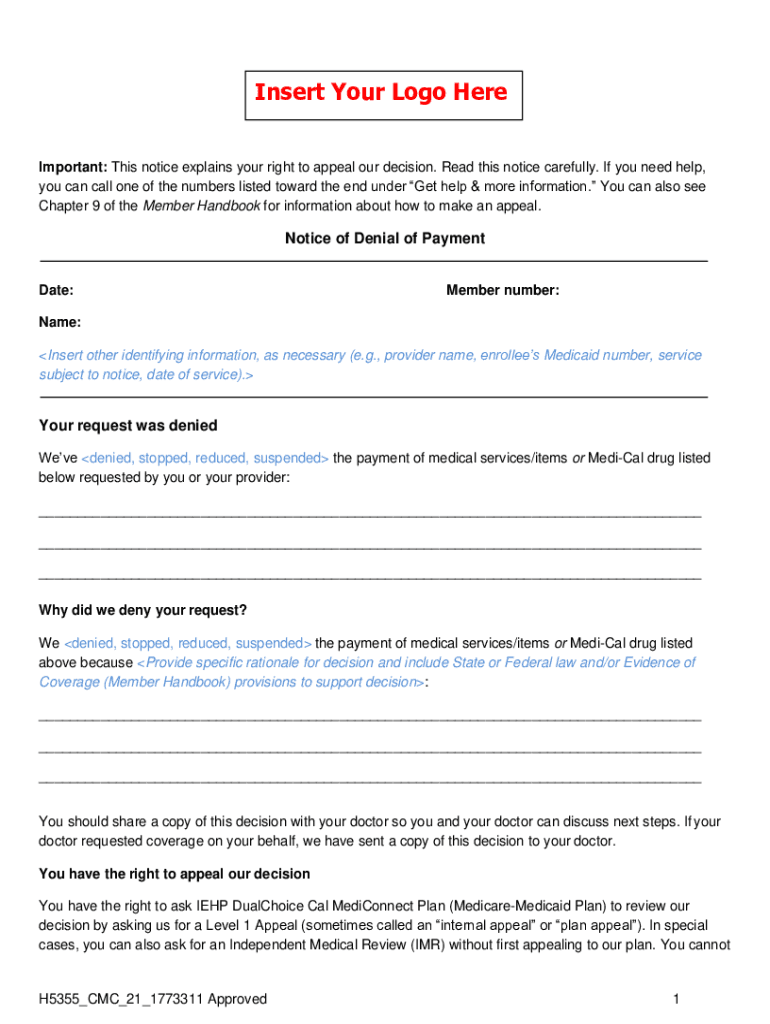 Fillable Online California Contract Year 2021 MMP Integrated Denial