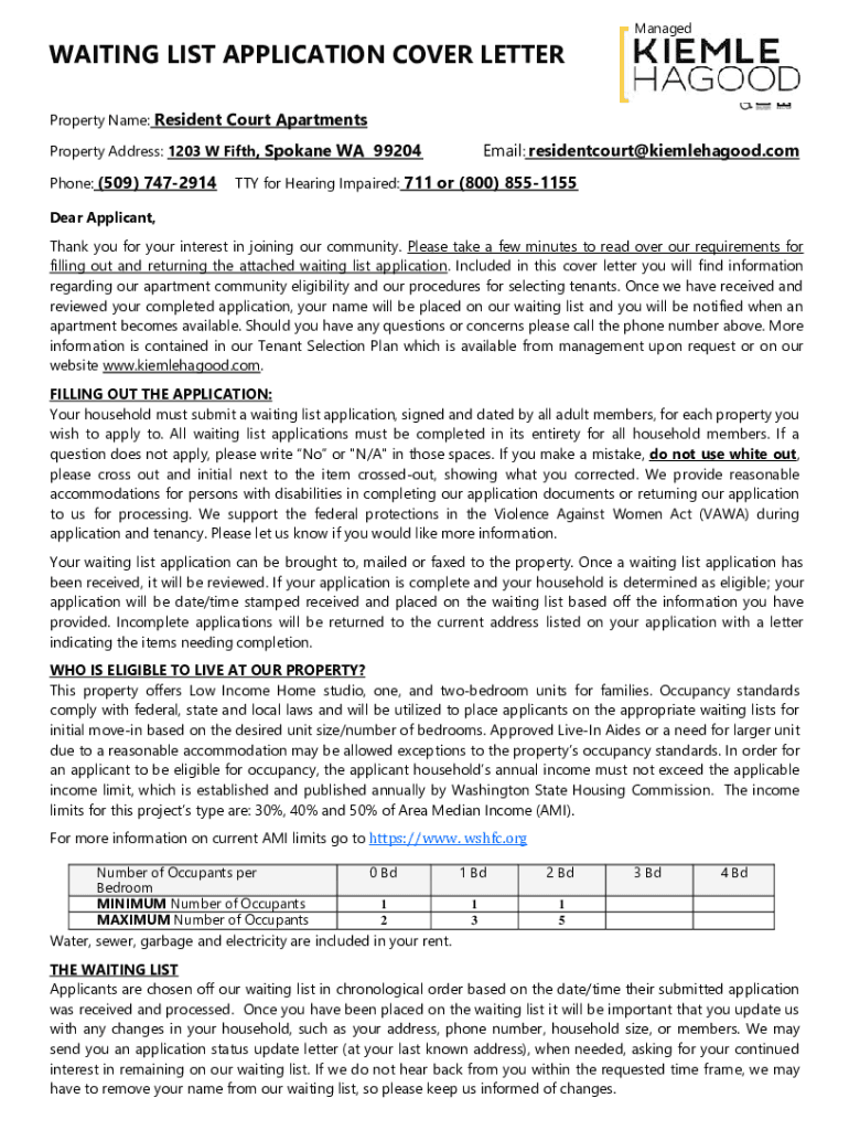 Fillable Online WAITING LIST APPLICATION COVER LETTER Fax Email Print