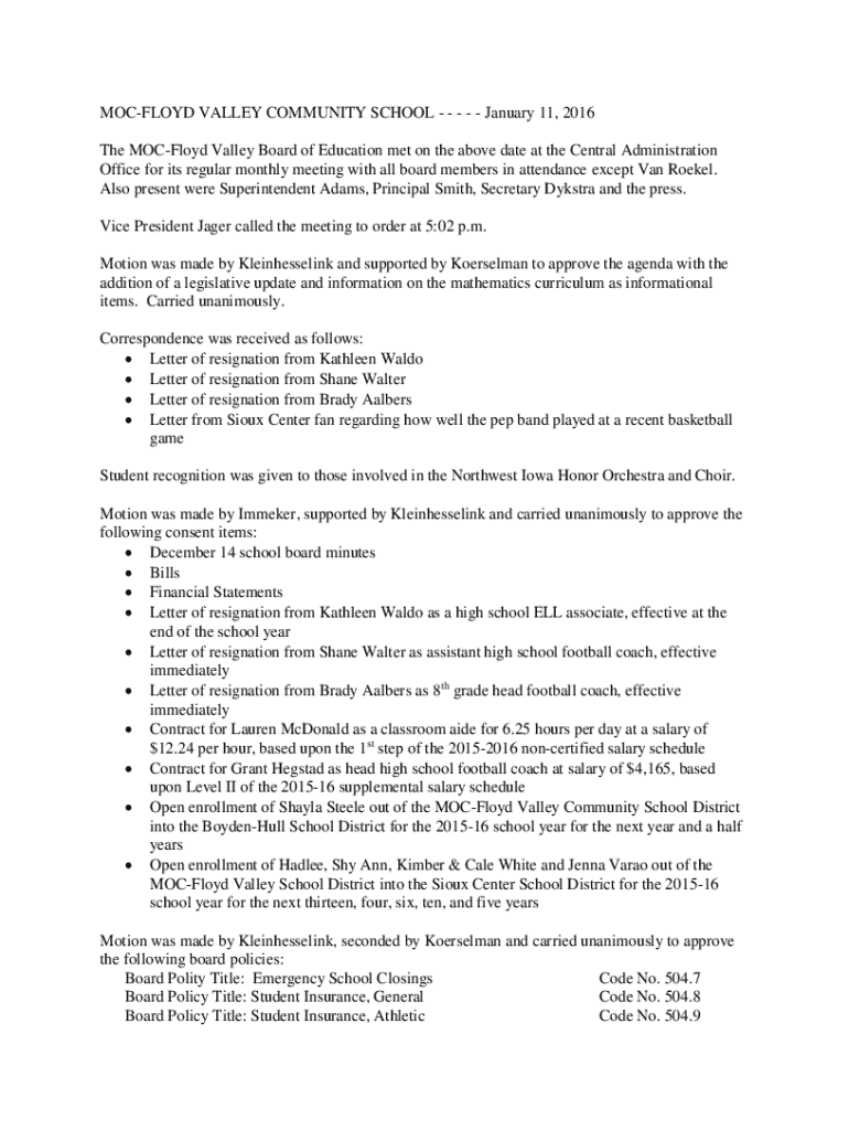 Fillable Online MOCFLOYD VALLEY COMMUNITY SCHOOL February 8