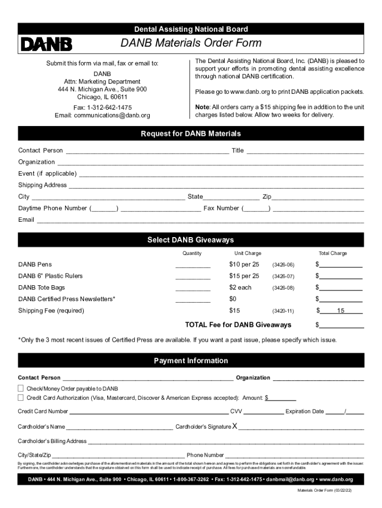 Fillable Online DANB Materials Order Form Fax Email Print pdfFiller