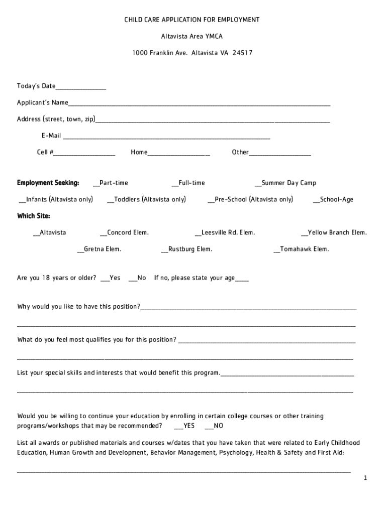 Fillable Online child care application for employment Altavista Area YMCA Fax Email Print