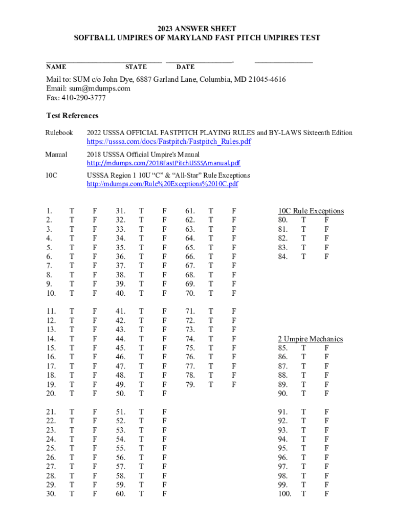 Fillable Online 2023 ANSWER SHEET SOFTBALL UMPIRES OF MARYLAND Fax