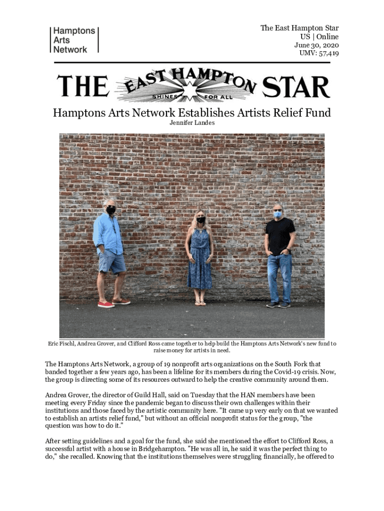 Fillable Online Hamptons Arts Network Establishes Artists Relief Fund