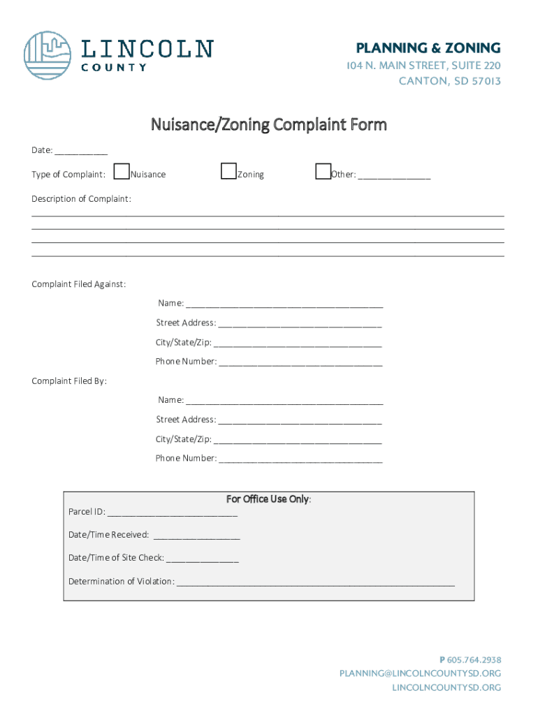 Fillable Online Nuisance/Zoning Complaint Form Lincoln County, SD Fax