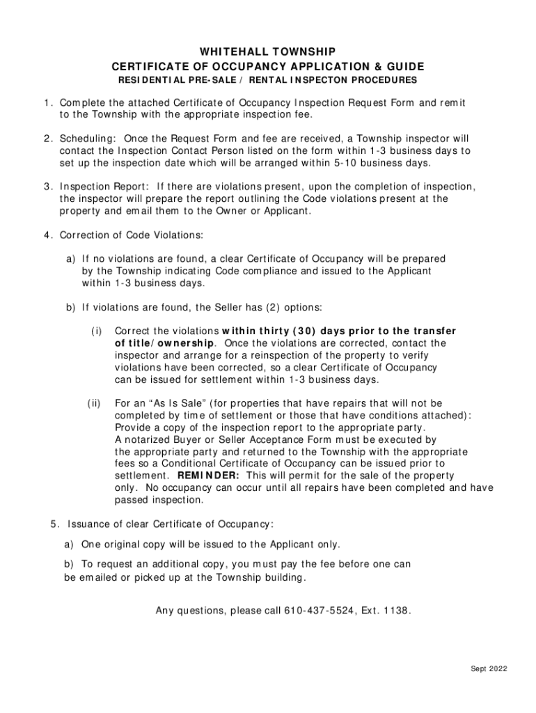 Fillable Online WHITEHALL TOWNSHIP CERTIFICATE OF OCCUPANCY Fax