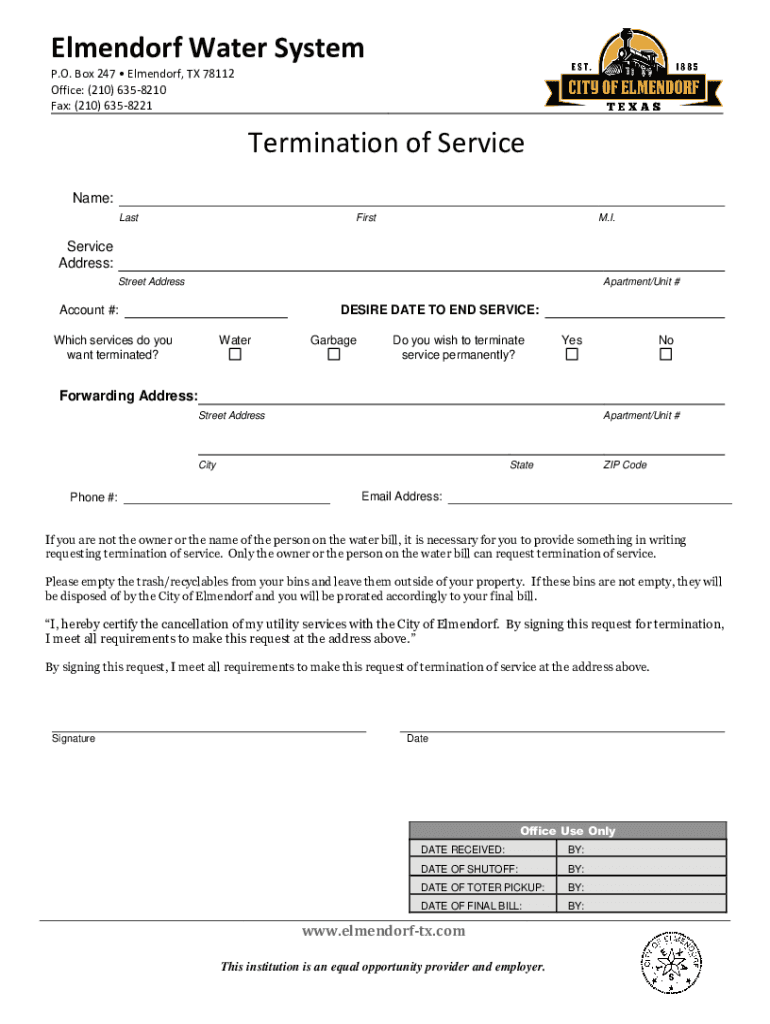 Fillable Online Elmendorf Water System Termination of Service Fax Email