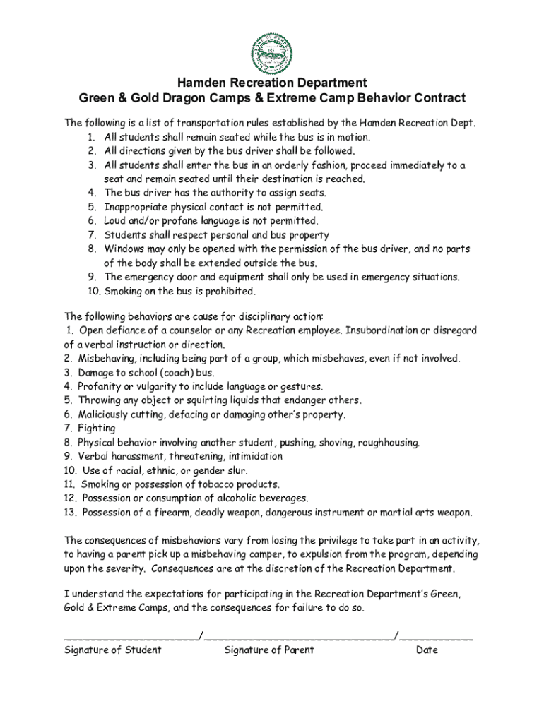 Fillable Online Hamden Recreation Department Green & Gold Dragon Camps