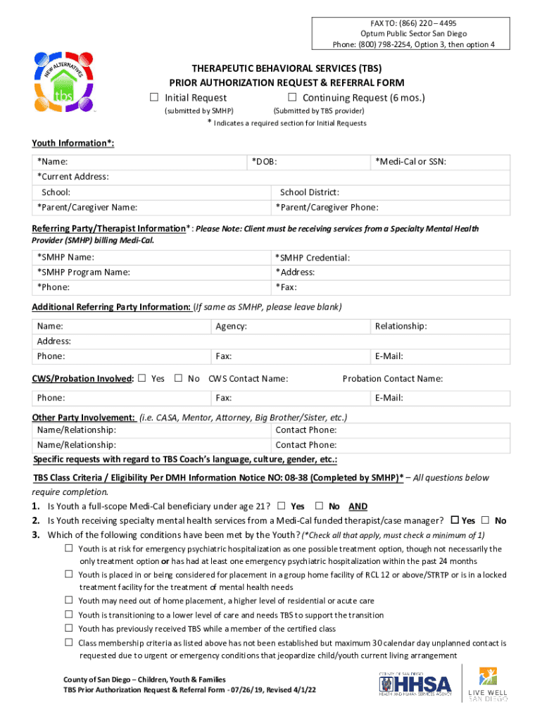 Fillable Online TBS Prior Authorization Request & Referral Optum San