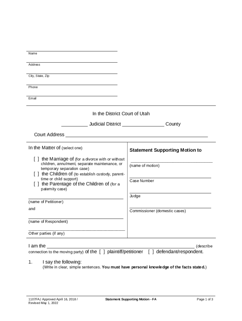 Statement Supporting Motion Utah Courts Doc Template pdfFiller