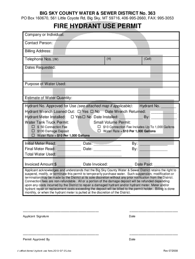 Fillable Online Hydrant Use Permit form.20130725.pdf Fax Email Print pdfFiller