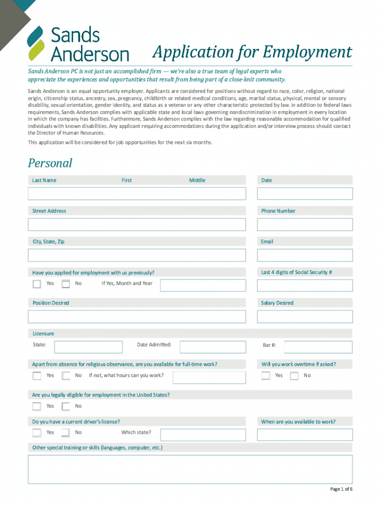 Fillable Online Application for Employment P E R S O N A L Sands
