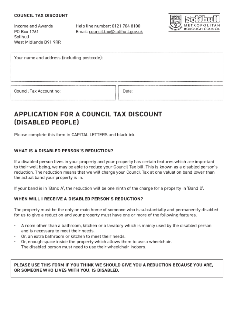 Fillable Online Application for a council tax discount disabled