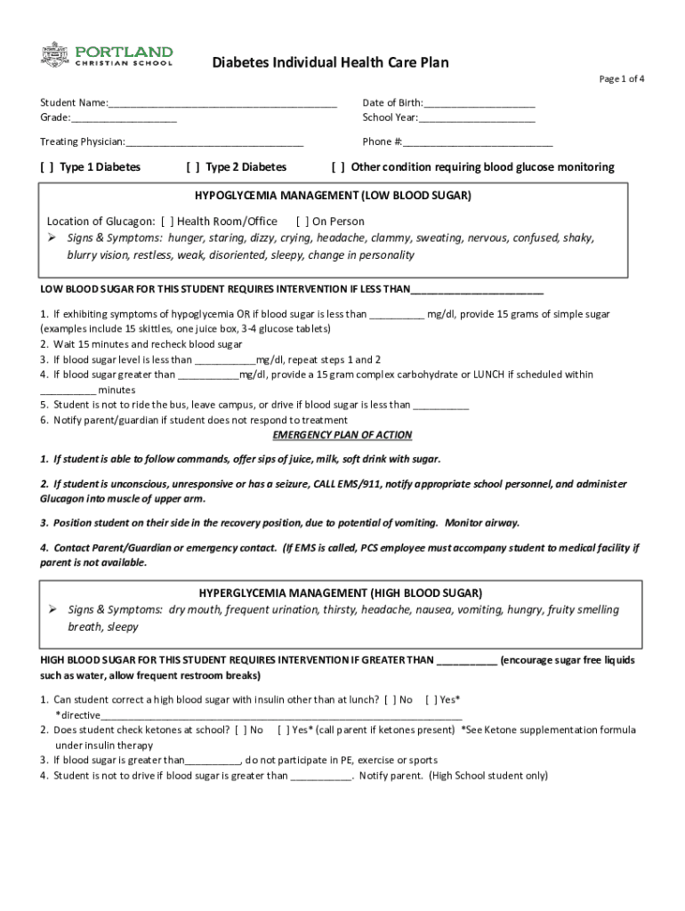 Fillable Online DIABETES TYPE 1Plan of Care Fax Email Print pdfFiller