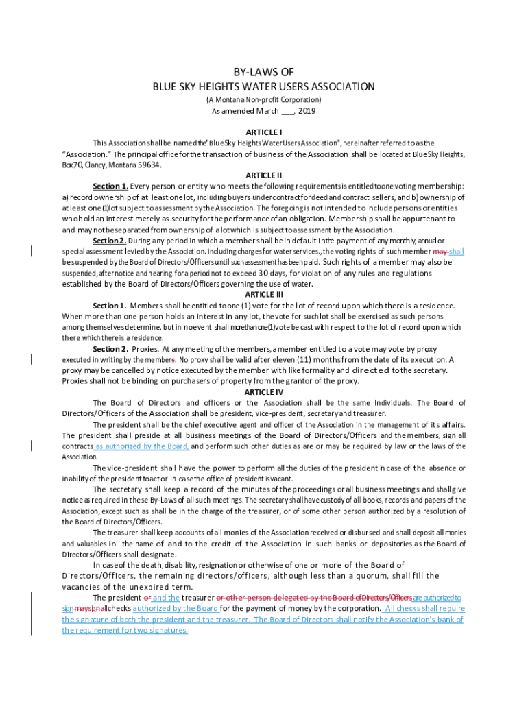 Fillable Online BYLAWS OF BLUE SKY HEIGHTS WATER USERS ASSOCIATION Fax