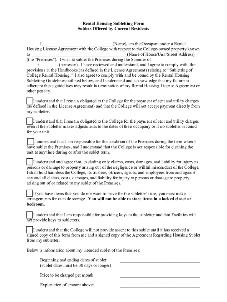 Fillable Online COLLEGE RENTAL HOUSING SUBLET FORM Fax Email Print