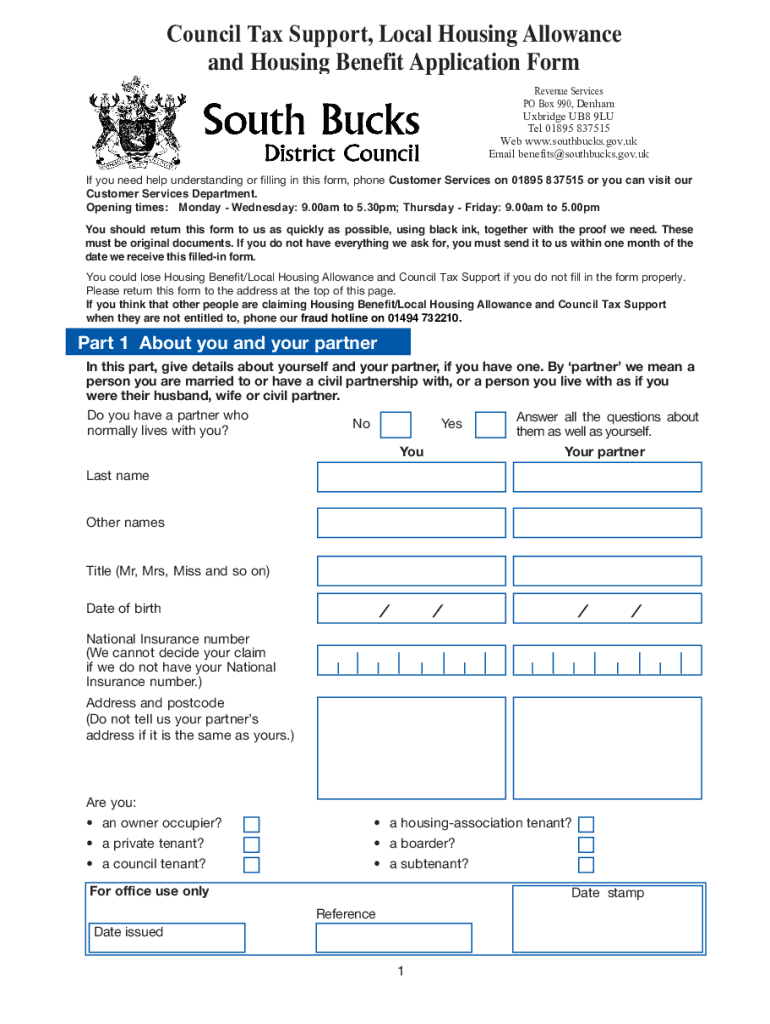 Fillable Online southbucks gov Claim Housing Benefit or Council Tax