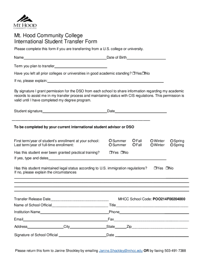 Fillable Online Mt. Hood Community College International Student