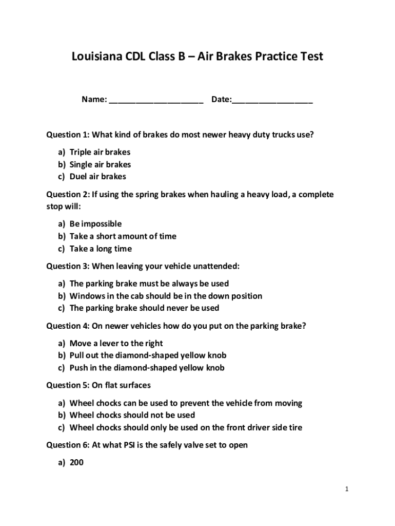 Fillable Online Air Brakes Practice Test Directions Diesel Truck