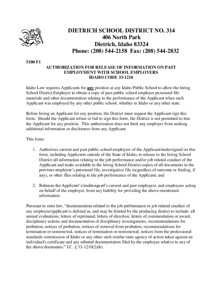 Fillable Online DIETRICH SCHOOL DISTRICT NO. 314 406 North Park Fax