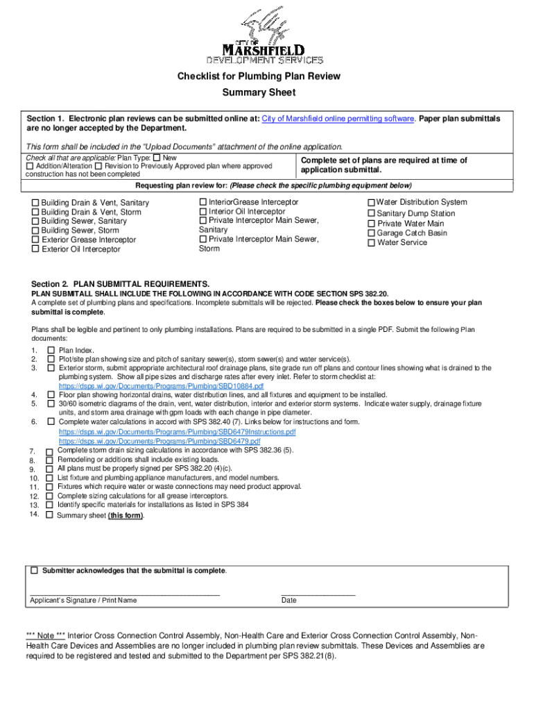 Fillable Online Checklist for Plumbing Plan Review Summary Sheet Revize Fax Email Print