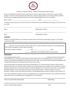 Fillable Online Consent to Treat Minor Patient - Without Parent/Legal
