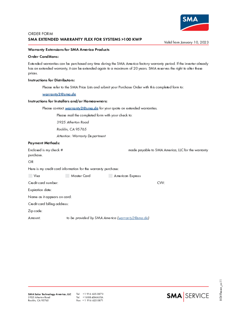 Fillable Online Order form SMA Extended Warranty Flex for Systems 100 kWp (valid for United