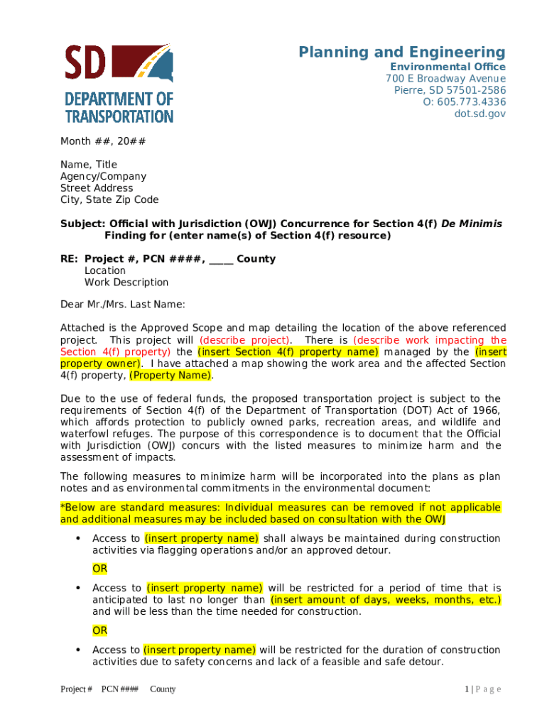 Template Section (f) De Minimis Letter to OWJ of Park/Rec Area/Wildlife