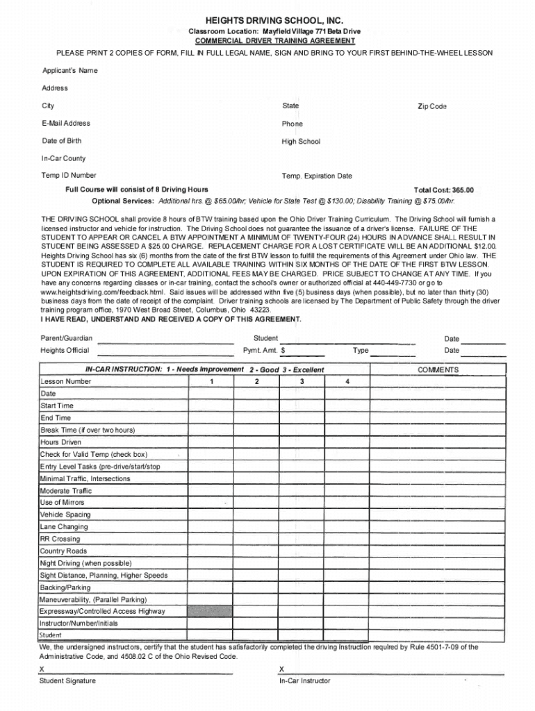 Fillable Online Attendance record form Heights Driving School Fax