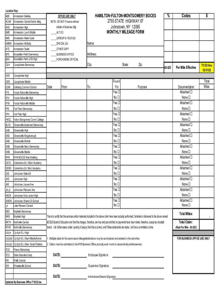 Fillable Online Mileage Claim Form HFM Boces Fax Email Print pdfFiller