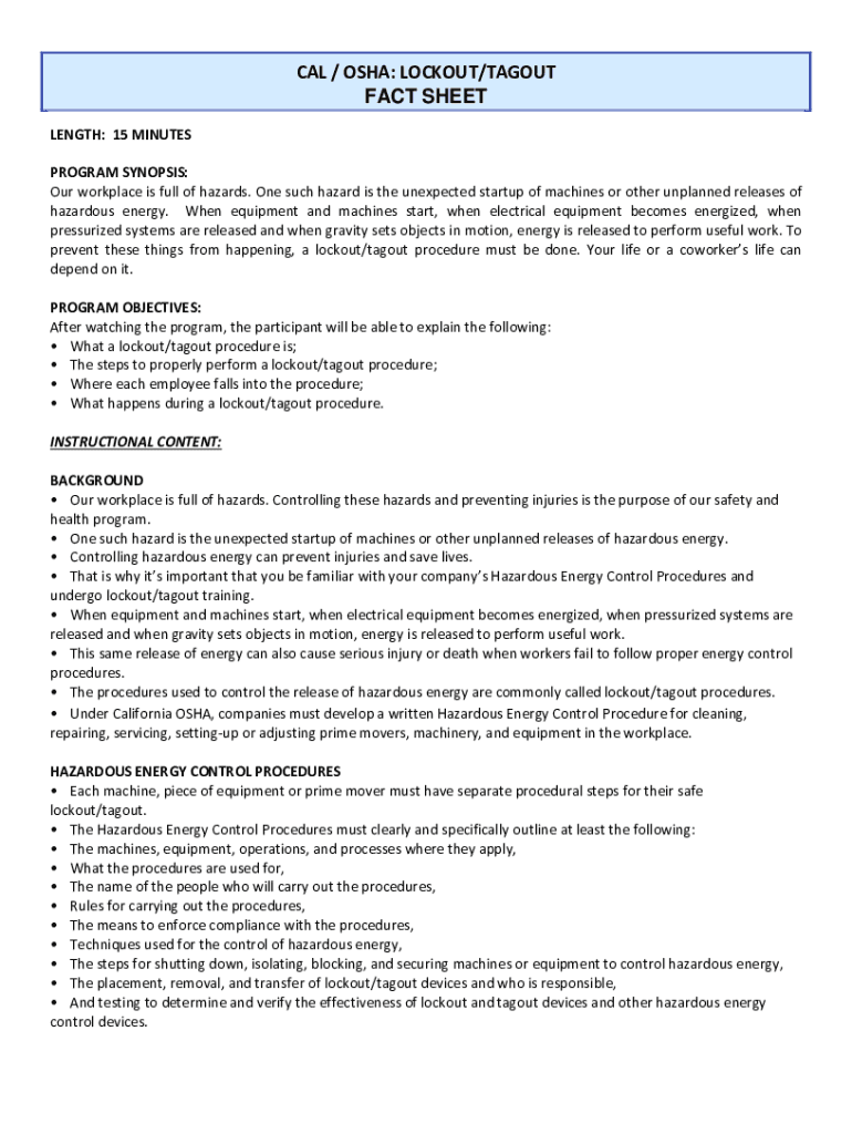 Fillable Online CAL / OSHA LOCKOUT/TAGOUT FACT SHEET ATR Online Fax