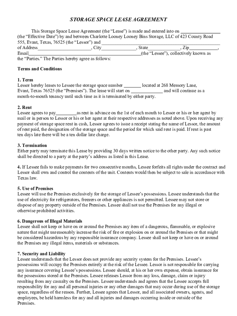 Fillable Online Storage Space Lease Agreement Looney Bins Fax Email