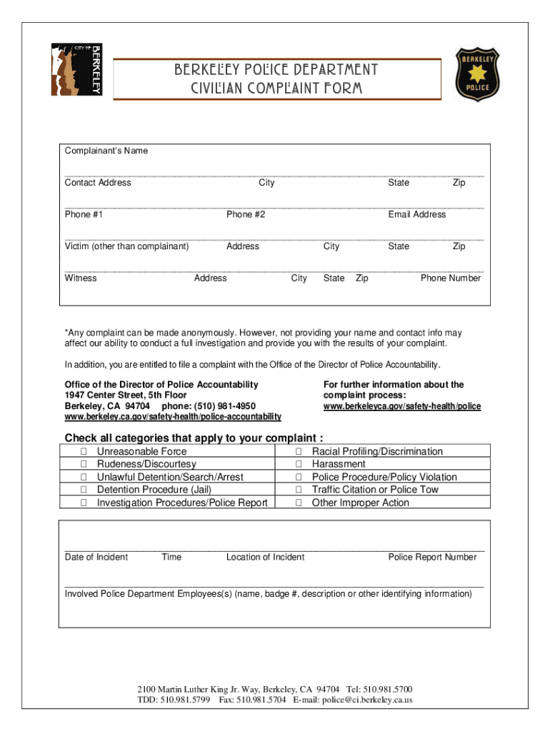 Fillable Online Citizen Complaint Form Sturgeon Bay Police Department