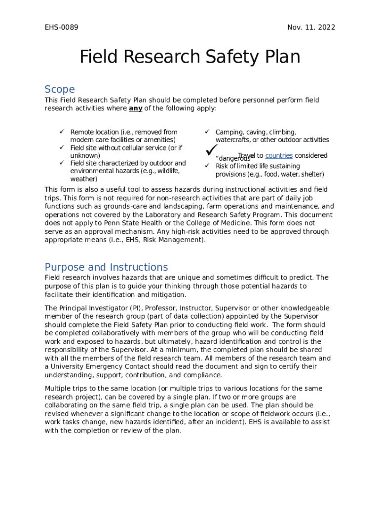 Field Research Safety Plan PSU EHS Penn State ehs psu Doc
