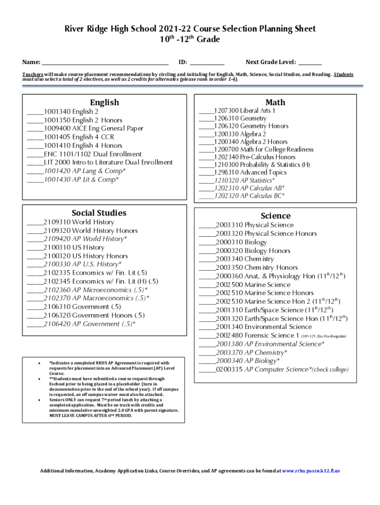 Fillable Online rrhs pasco k12 fl River Ridge High School ELECTIVE