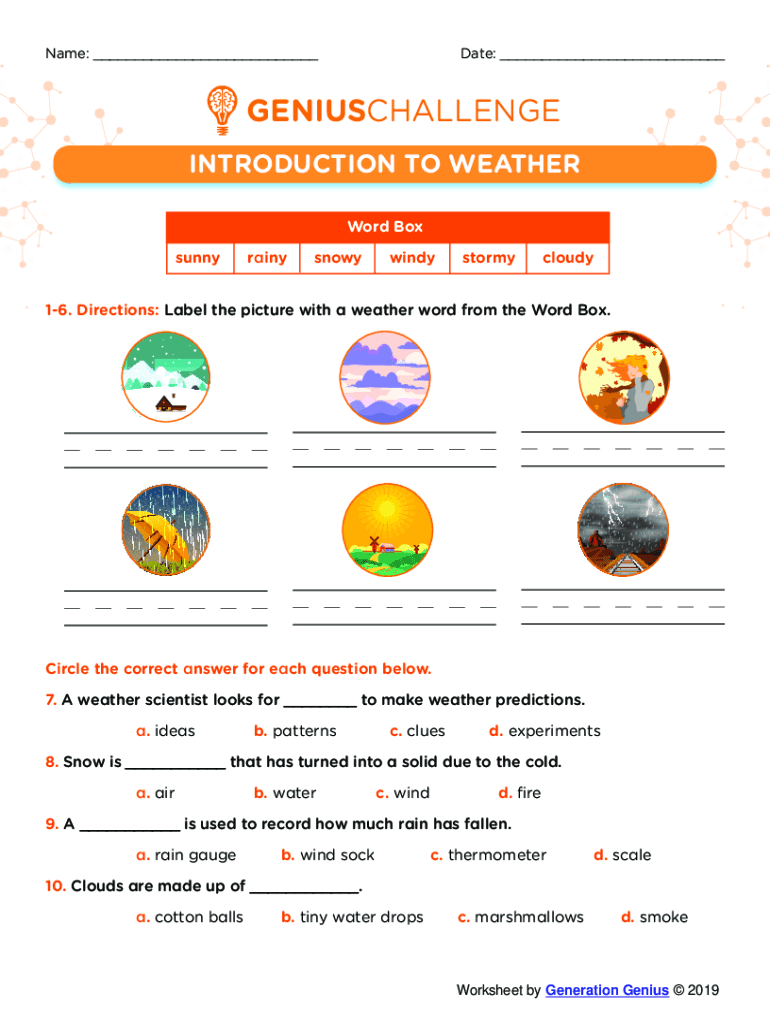 Fillable Online WeatherWorksheet for Grades K2 PDF. A one page