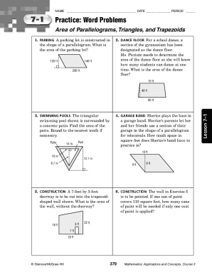 Fillable Online Practice: Word Problems - Area of Parallelograms