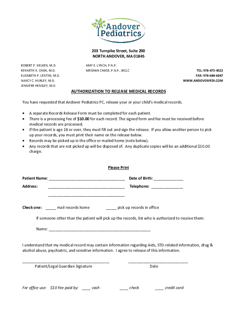 Fillable Online Medical Records Request FormAndover Pediatrics Fax