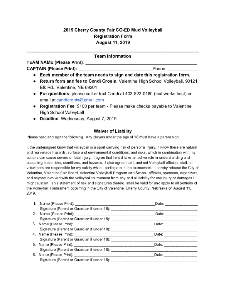 Fillable Online 2019 Cherry County Fair COED Mud Volleyball