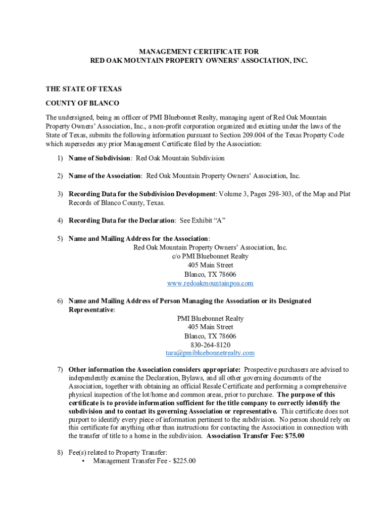 Fillable Online Management Certificate for Red Oak Mountain Property